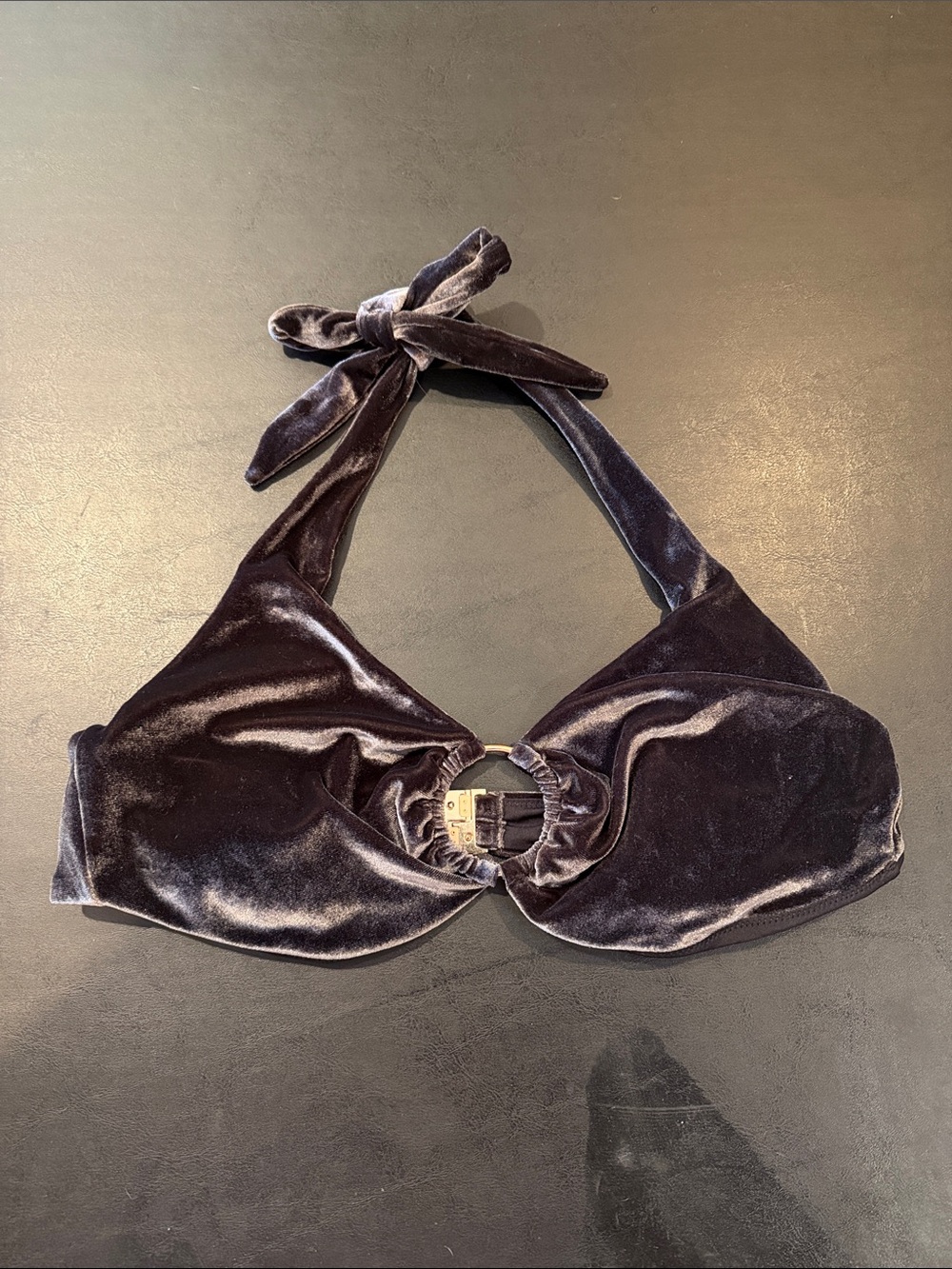 Velvet Halter Bra Top with Center Ring - Black